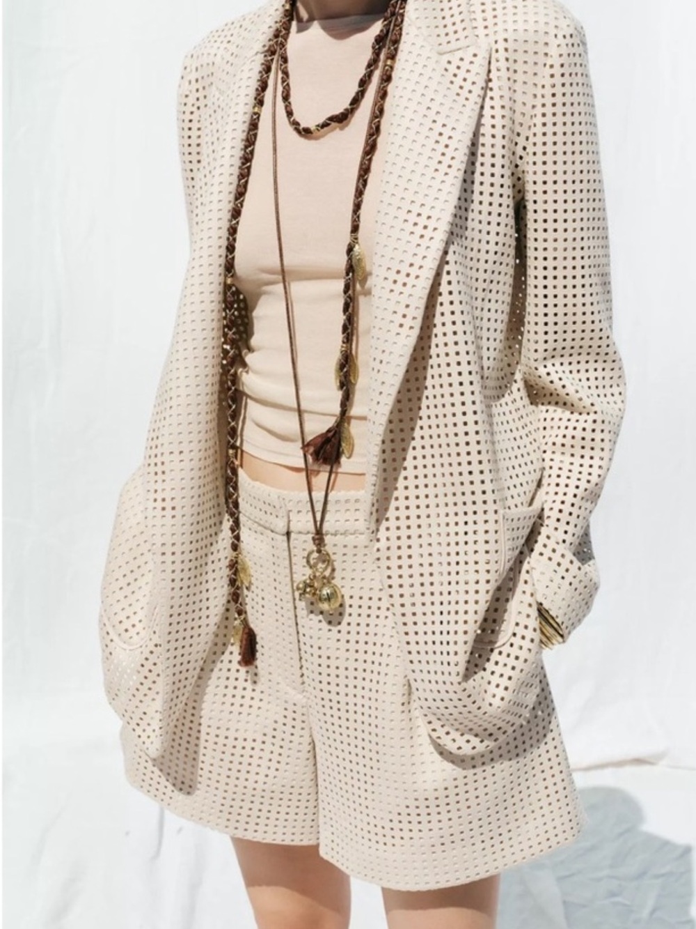Zara Beige Perforated Blazer & Shorts Set